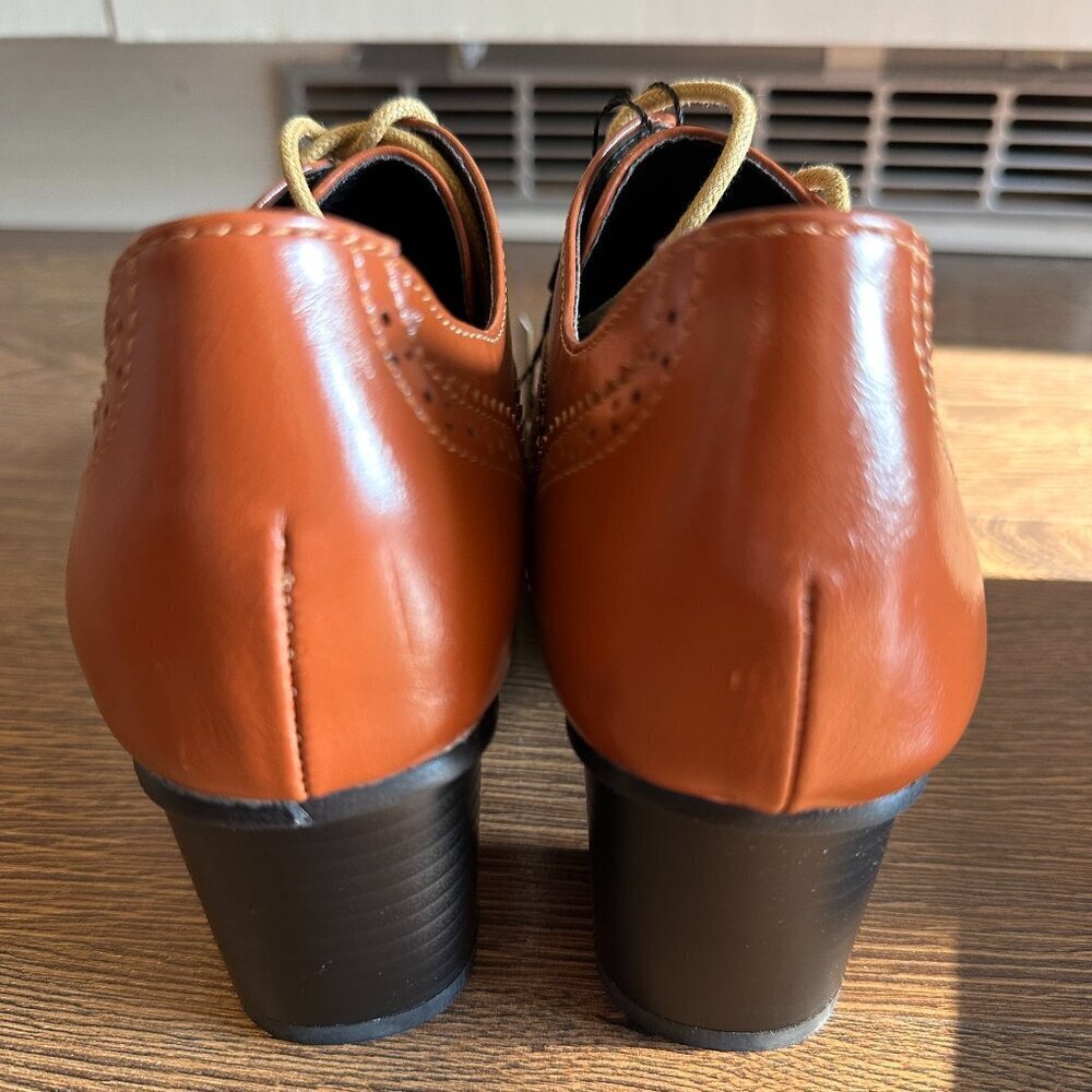 BNIB Odema Brown Brogue Lace Up‎ Oxford Tip Chunky Heels Leather Shoes - Size 8 - Picture 5 of 9